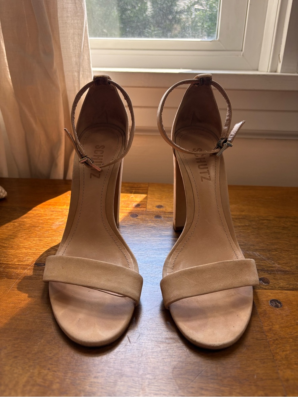 SCHUTZ Beige Suede Ankle-Strap Block Heel Sandals